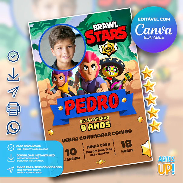Convite de Aniversário Brawl Stars com Foto 1