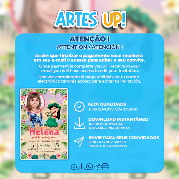 Convite de Aniversário Lilo & Stitch com Foto 2