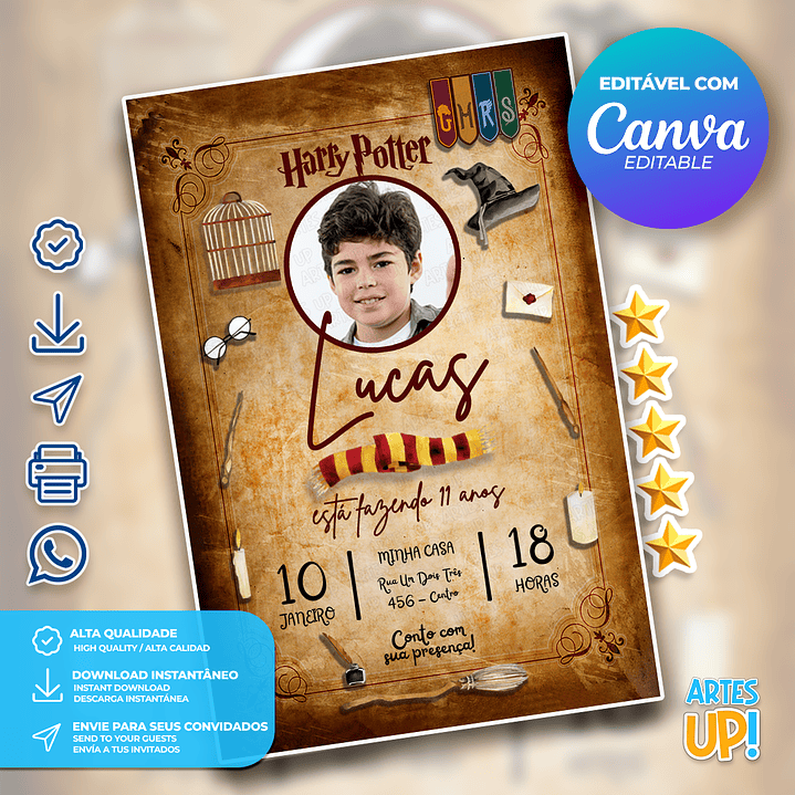 Convite de Aniversário Harry Potter com Foto 1