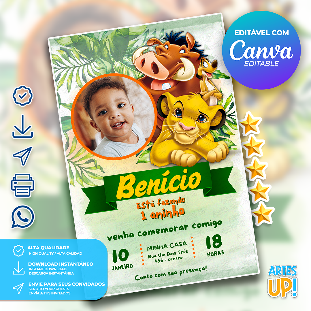 Convite de Aniversário Rei Leão com Foto 1