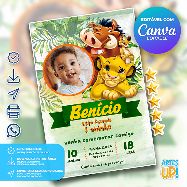 Invitación de cumpleaños del Rey León con foto 1