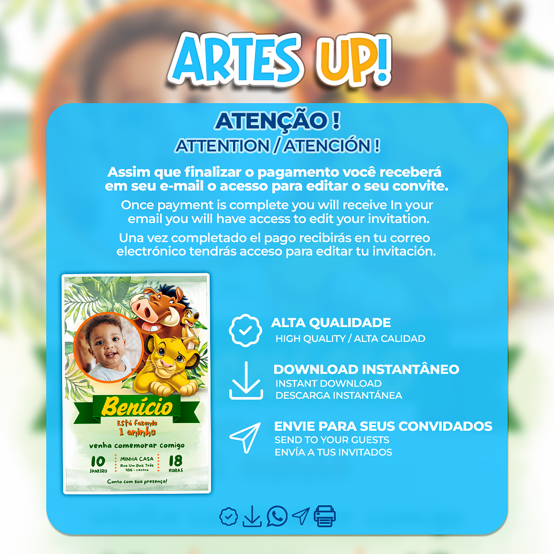 Convite de Aniversário Rei Leão com Foto 2