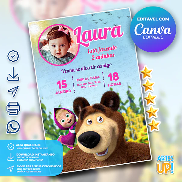 Convite de Aniversário Masha e o Urso com Foto 1