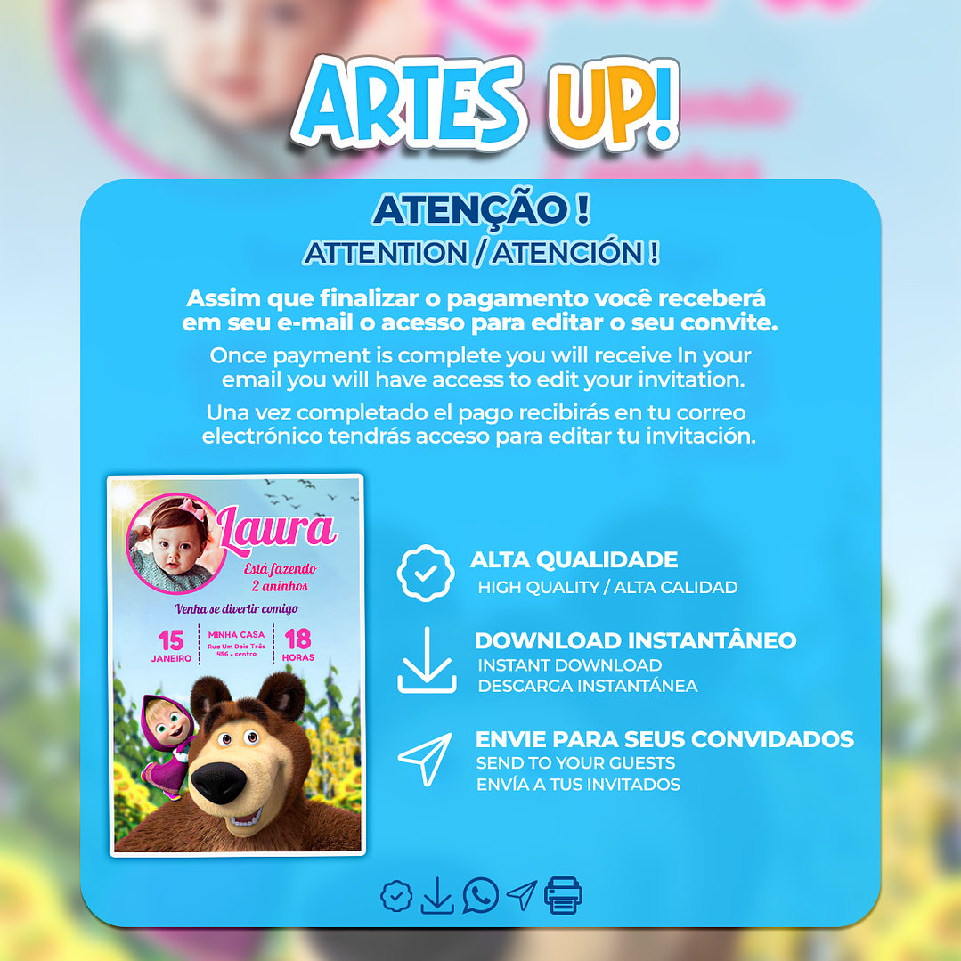 Convite de Aniversário Masha e o Urso com Foto 2