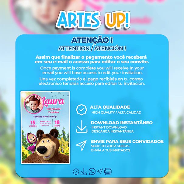 Convite de Aniversário Masha e o Urso com Foto 2