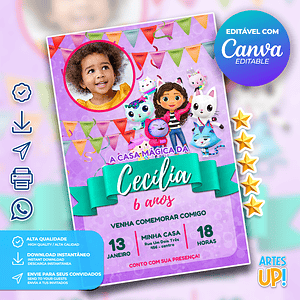 Invitación de cumpleaños de la casa mágica de Gabby con foto