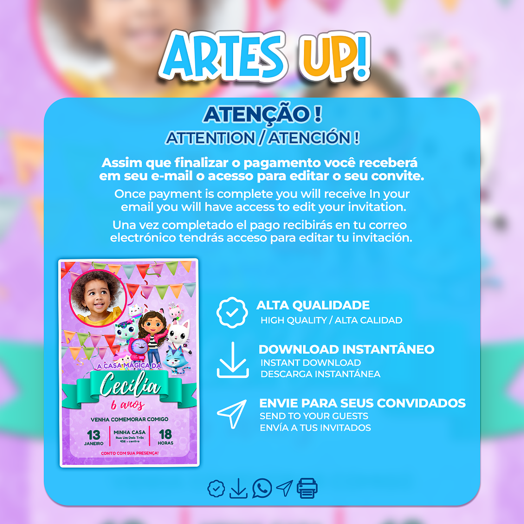 Convite de Aniversário A Casa Magica da Gabby com Foto 2