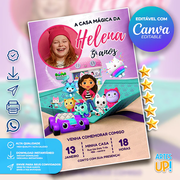 Invitación de cumpleaños de la Casa Mágica de Gabby con foto 1