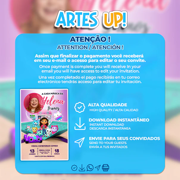 Invitación de cumpleaños de la Casa Mágica de Gabby con foto 2