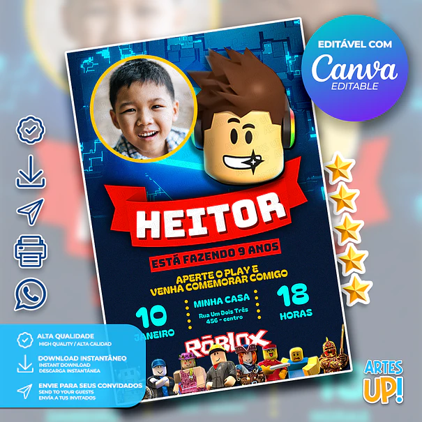 Convite de Aniversário Roblox com Foto 1