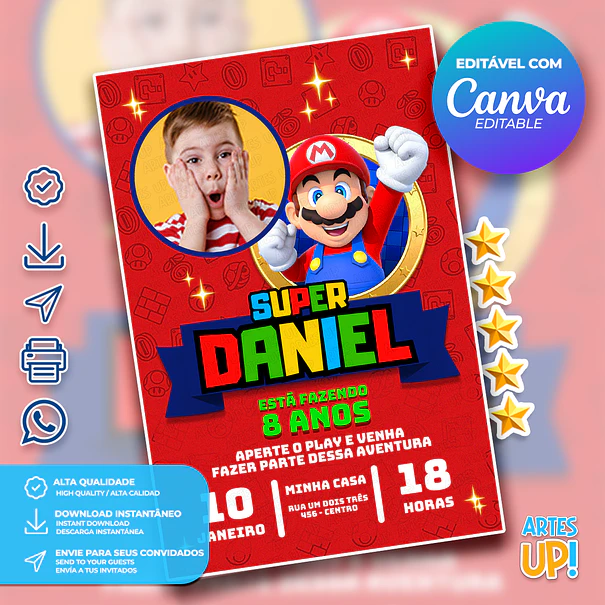 Convite de Aniversário Super Mario Bros com foto 1