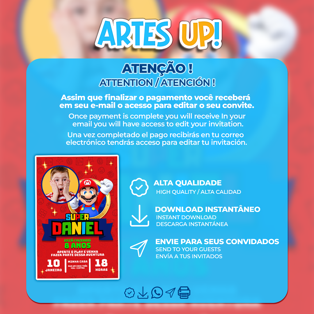 Convite de Aniversário Super Mario Bros com foto 2