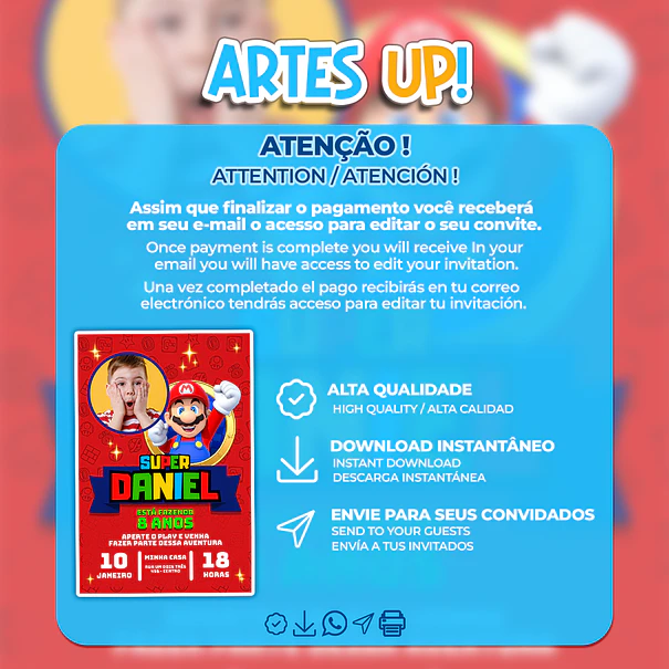 Convite de Aniversário Super Mario Bros com foto 2
