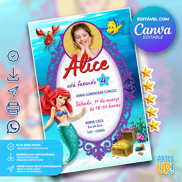 Convite de Aniversário Ariel, a Pequena Sereia com Foto 1