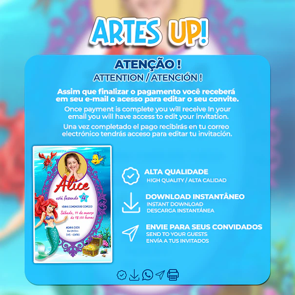 Convite de Aniversário Ariel, a Pequena Sereia com Foto 2