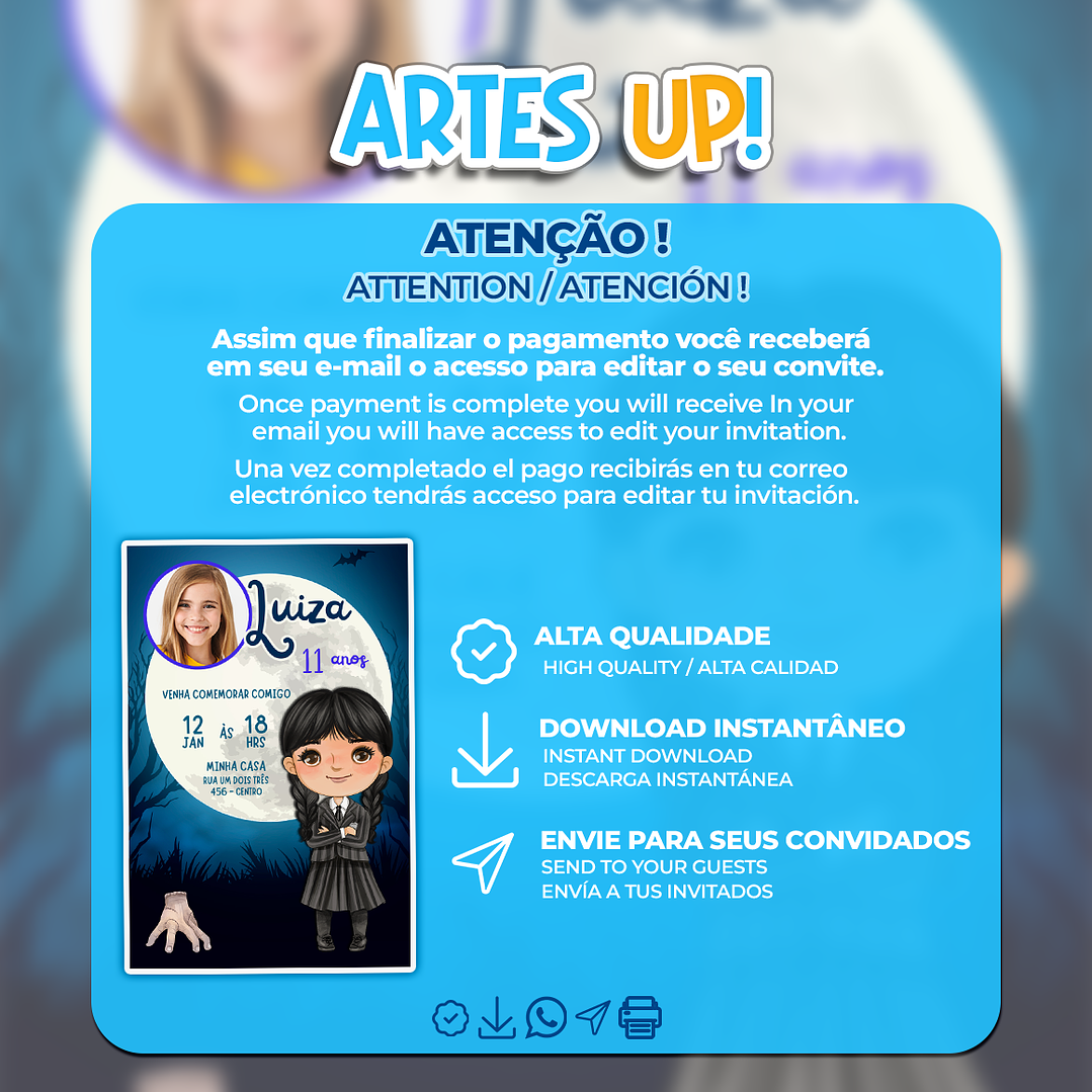 Convite de Aniversário Wandinha Addams com  Foto 2