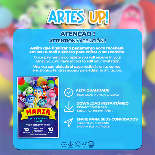 Convite de Aniversário Divertida Mente 2