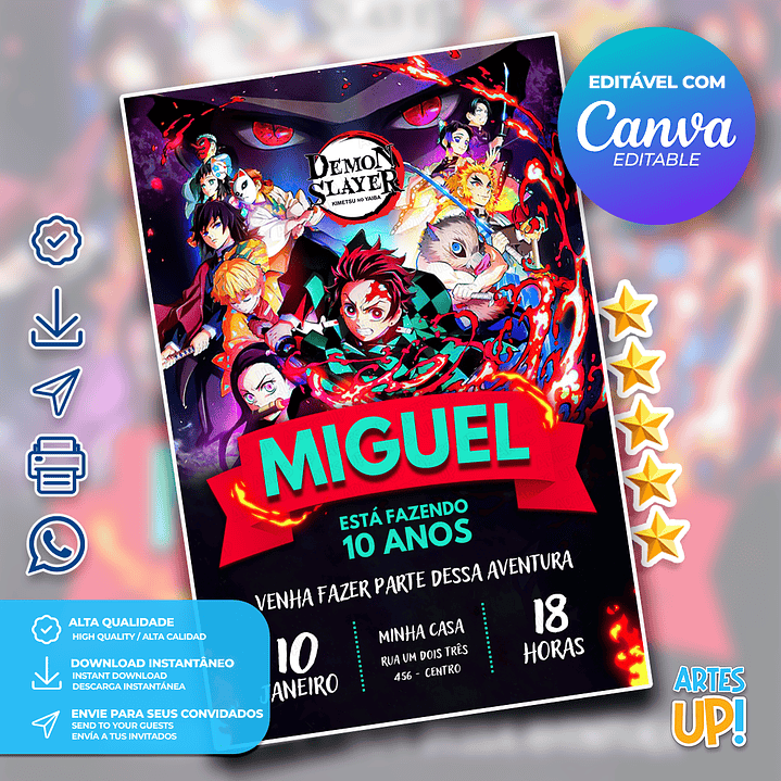Convite de Aniversário Demon Slayer 1
