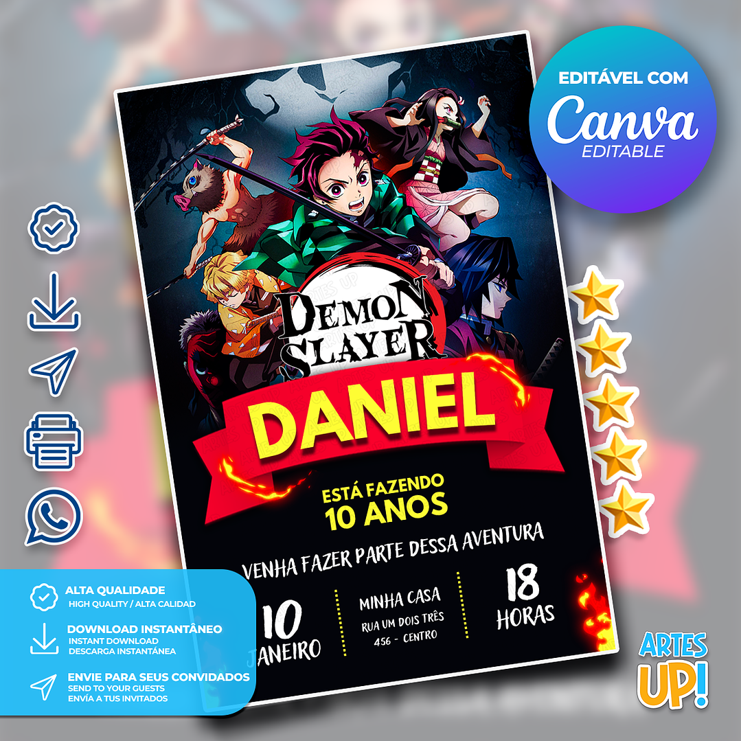 Convite de Aniversário Demon Slayer 1