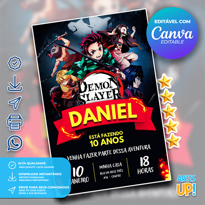 Convite de Aniversário Demon Slayer 1