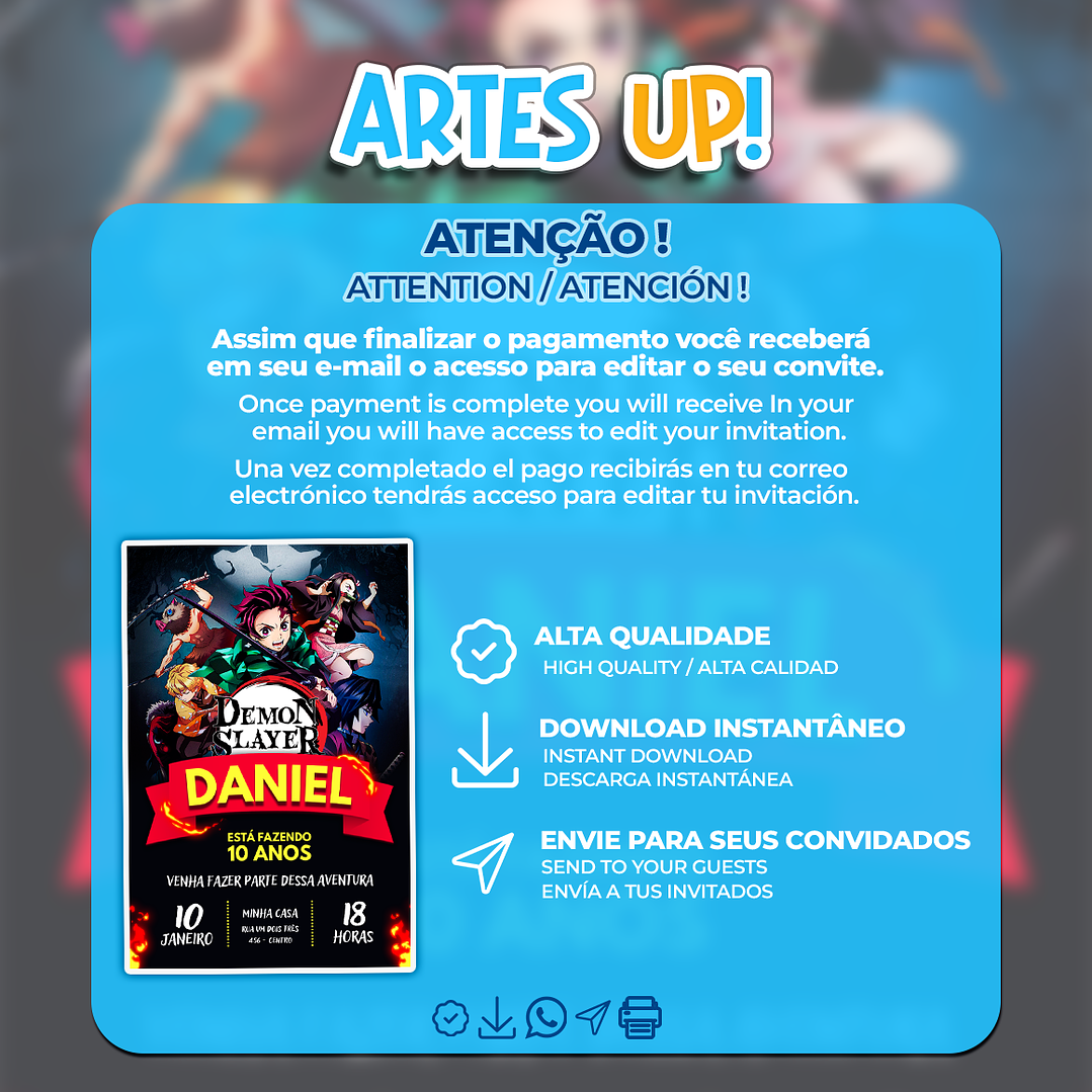 Convite de Aniversário Demon Slayer 2