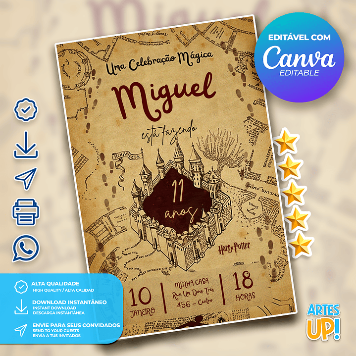 Convite de Aniversário Mapa do Maroto Harry Potter   1