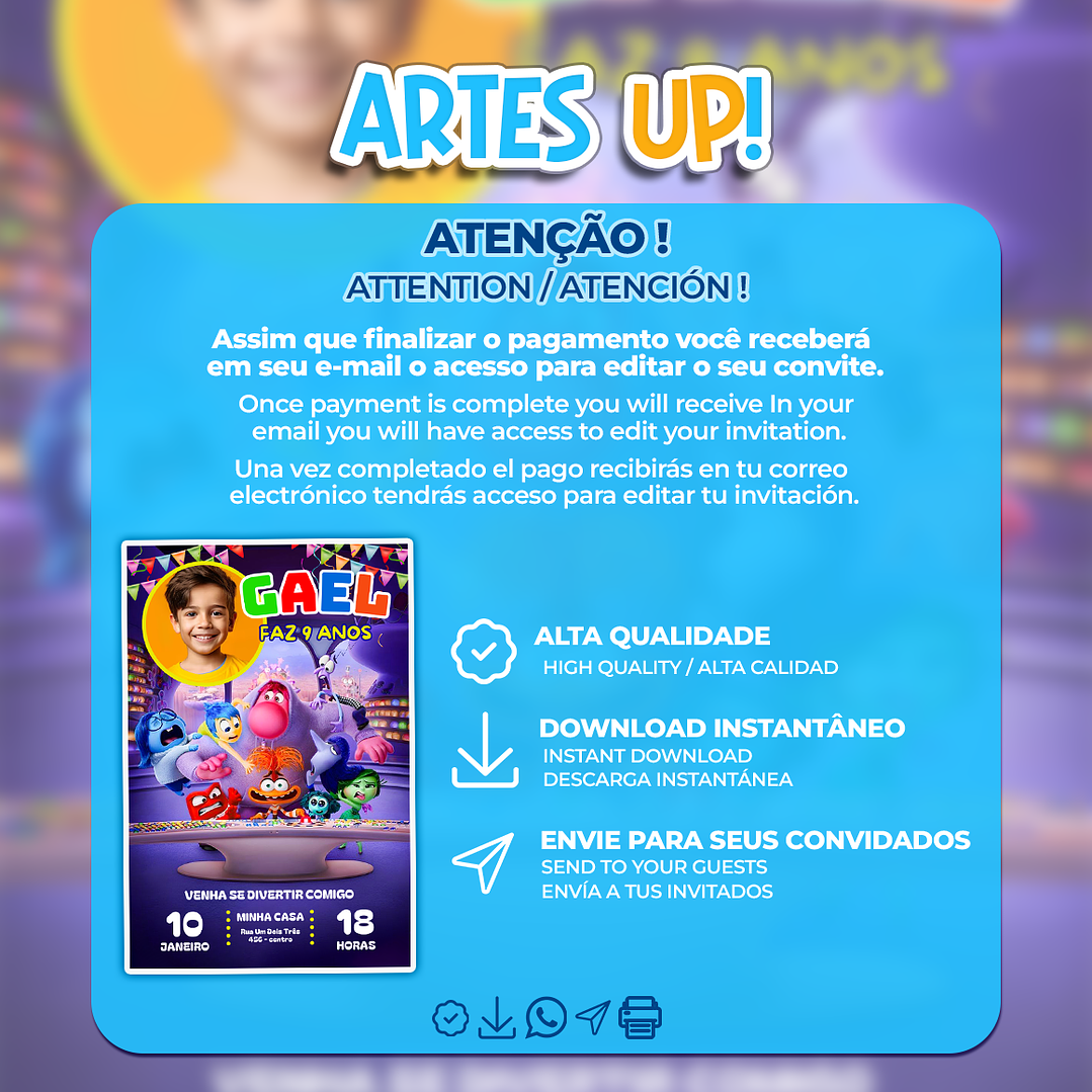 Convite de Aniversário Divertida Mente com Foto 2