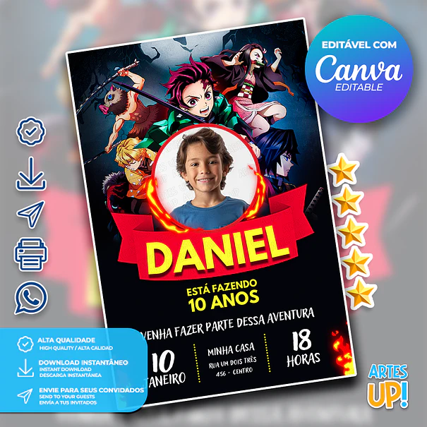 Invitación de cumpleaños de Demon Slayer con foto 1