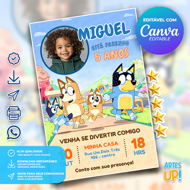 Convite de Aniversário Bluey com Foto 1