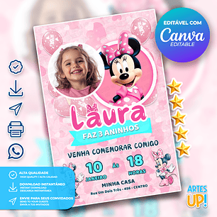 Convite de Aniversário Minnie Mouse com Foto 