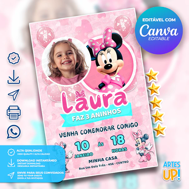 Convite de Aniversário Minnie Mouse com Foto  1
