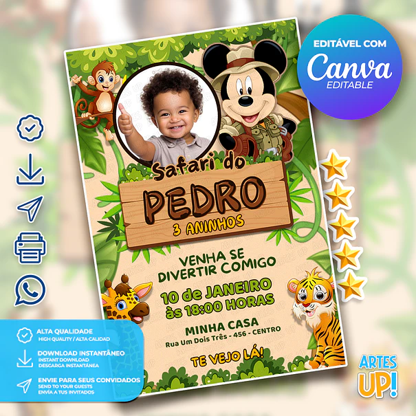 Invitación de cumpleaños de Mickey Mouse Safari con foto 1