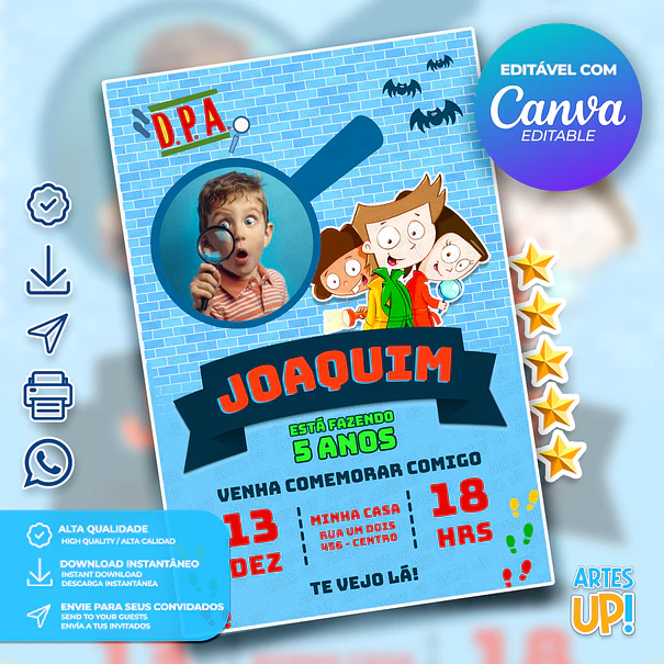 Convite de Aniversário Detetives do Prédio Azul DPA com Foto 1