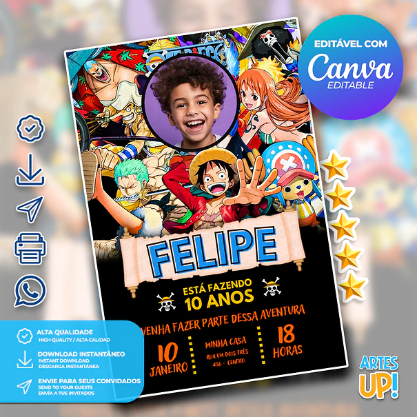 Invitación de cumpleaños de One Piece con foto 1