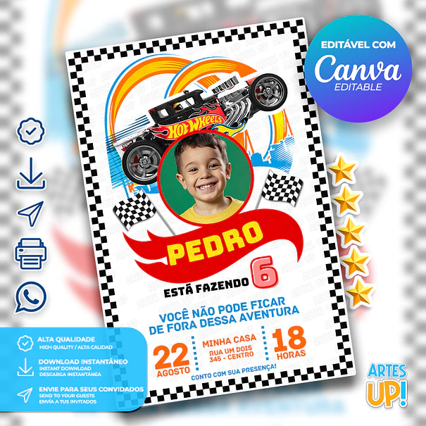 Convite de Aniversário Hot Wheels com Foto 1