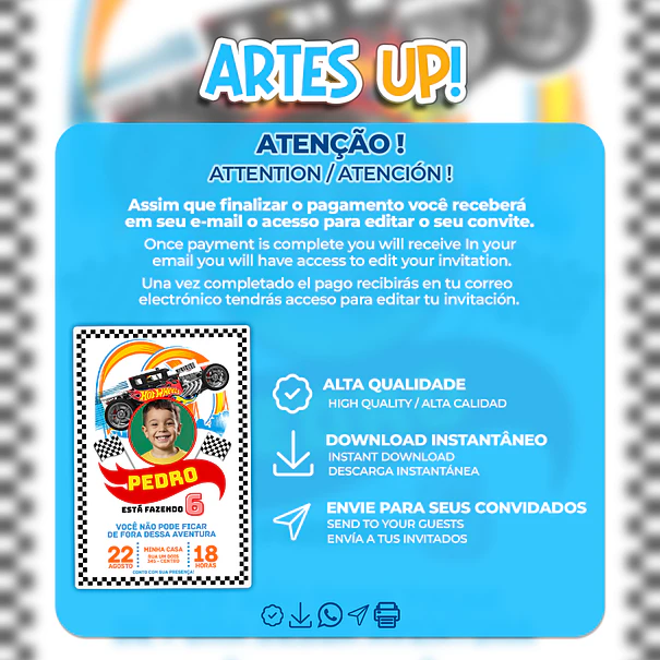 Convite de Aniversário Hot Wheels com Foto 2