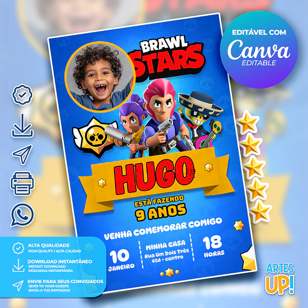 Convite de Aniversário Brawl Stars com Foto 1