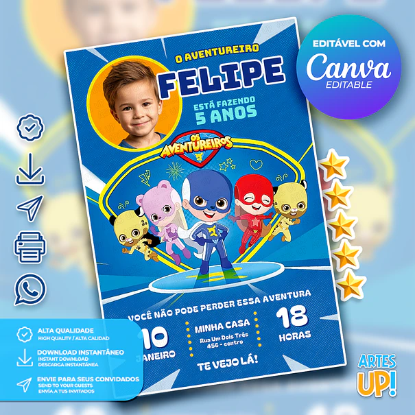 Convite de Aniversário Os Aventureiros com Foto 1