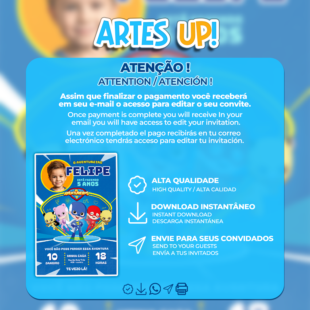 Convite de Aniversário Os Aventureiros com Foto 2