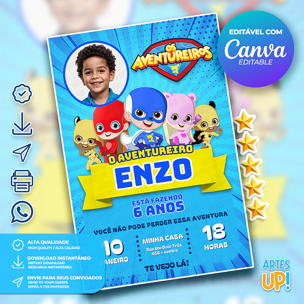 Invitación de cumpleaños de Los Aventureros con foto 1