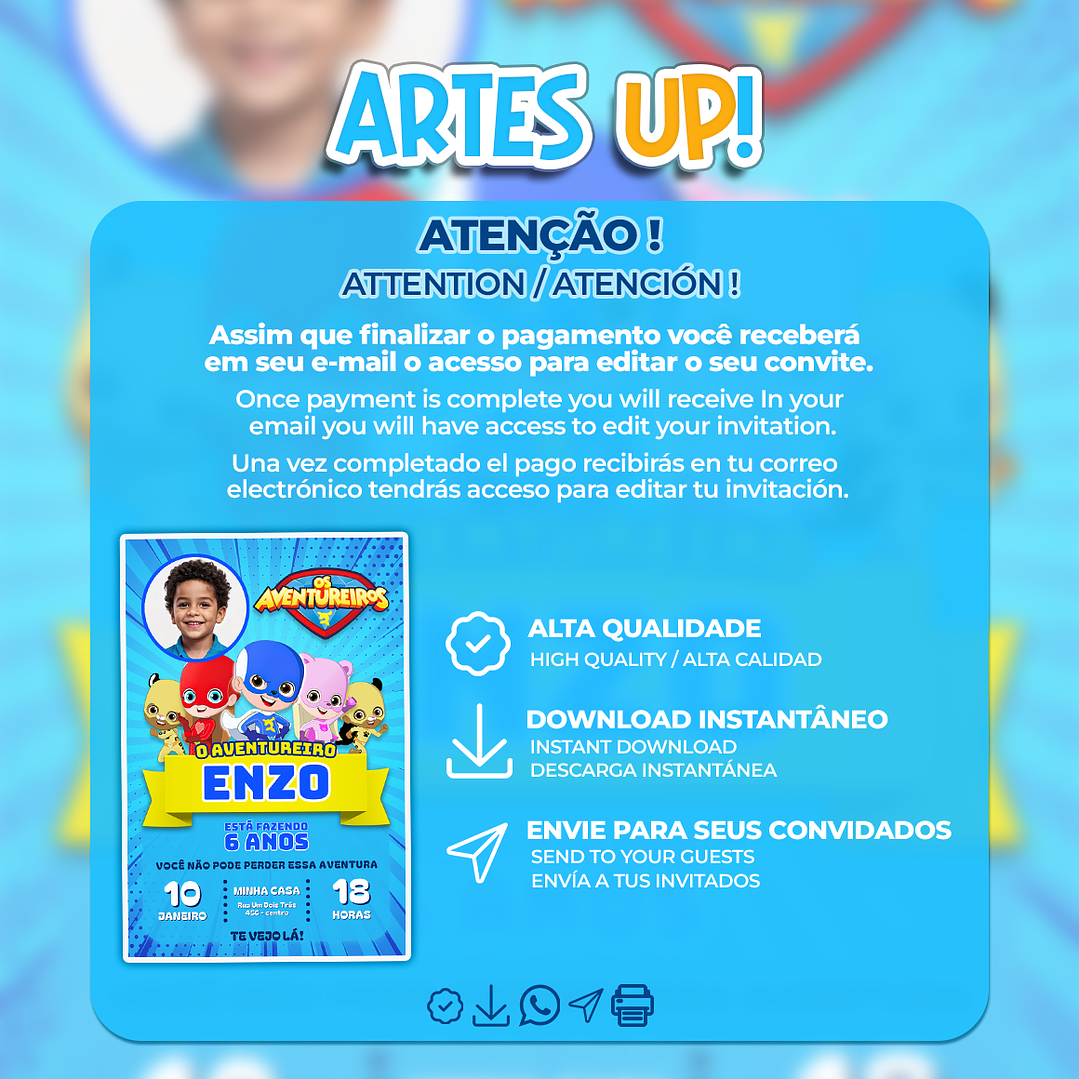 Convite de Aniversário Os Aventureiros com Foto 2