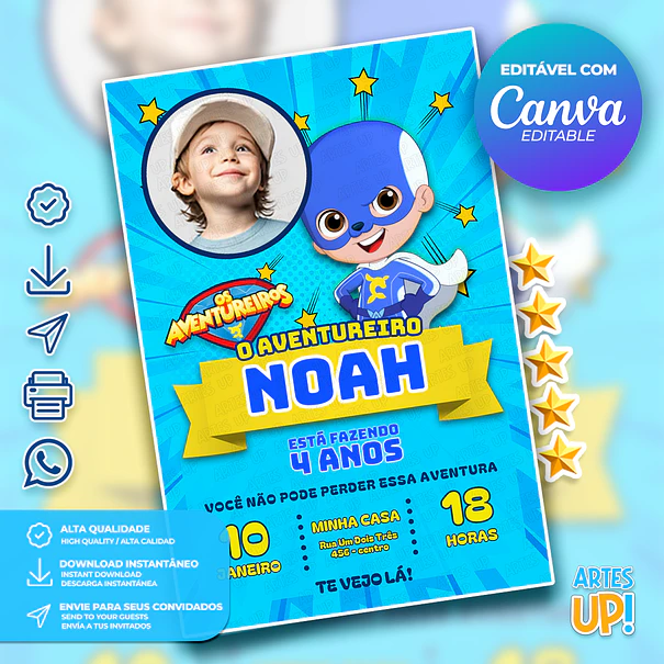 Convite de Aniversário Aventureiro Azul com Foto 1