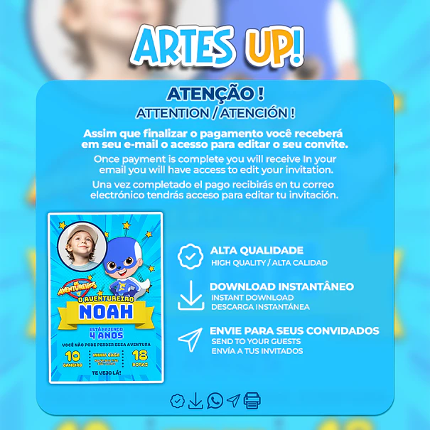 Convite de Aniversário Aventureiro Azul com Foto 2