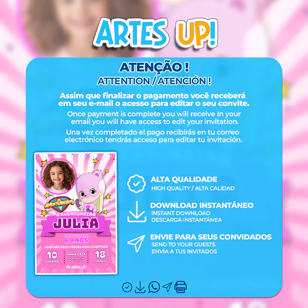 Convite de Aniversário Aventureira Rosa com Foto 2