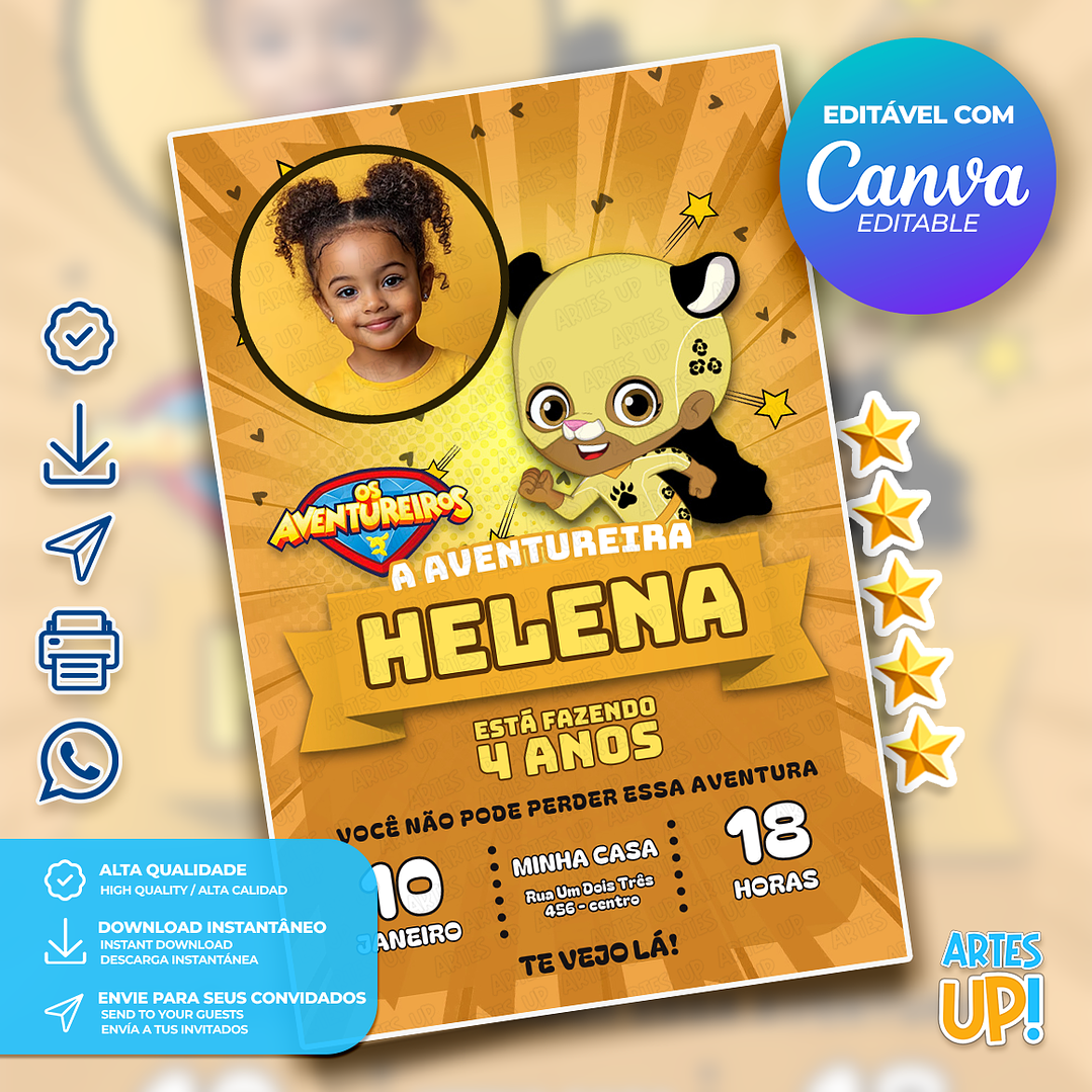 Convite de Aniversário Aventureira Amarela com Foto 1