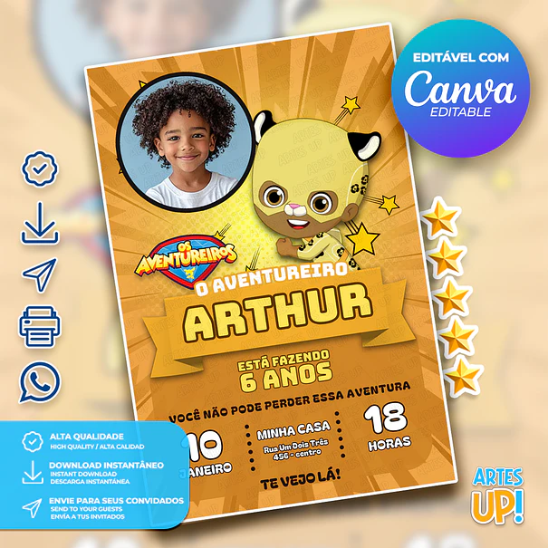 Invitación de cumpleaños del Aventurero Amarillo con foto 1