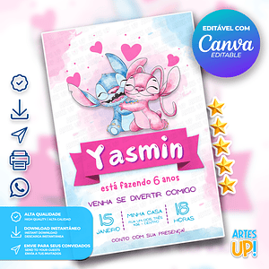 Invitación de cumpleaños de acuarela de Stitch y Angel