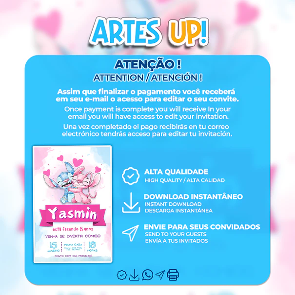 Convite de Aniversário Stitch e Angel Aquarela 2