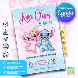 Invitación de cumpleaños de acuarela de Stitch y Angel