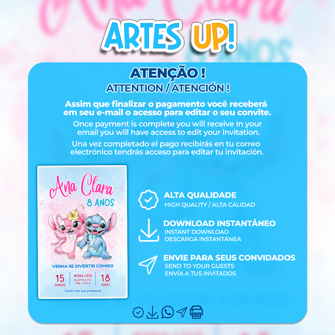 Convite de Aniversário Stitch e Angel Aquarela 2